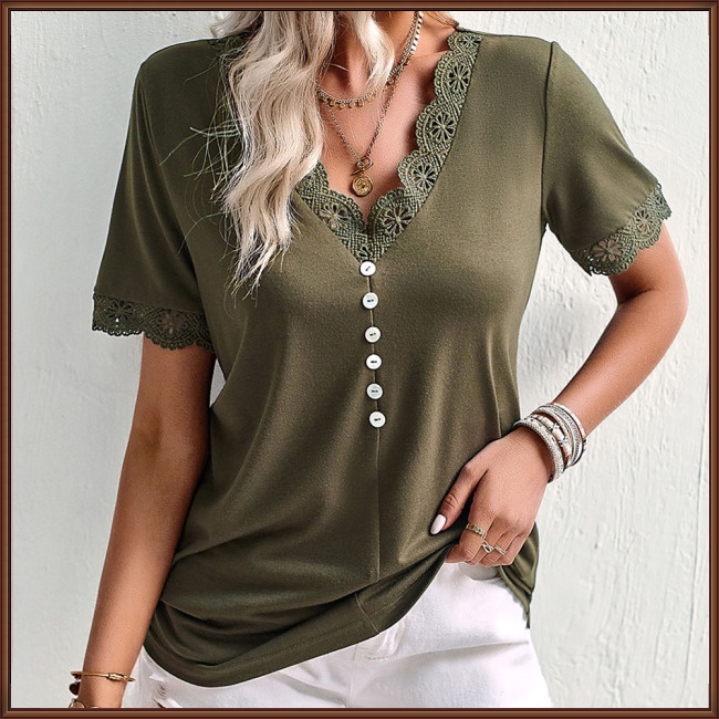 Áo Sơ Mi Tay Ngắn Cổ Chữ V Dáng Rộng Đính Nút Đơn Giản Dành Cho Nữ