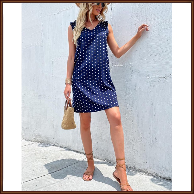 Đầm Midi Không Tay Cổ Chữ V Họa Tiết Chấm Bi Phong Cách Retro Dành Cho Nữ