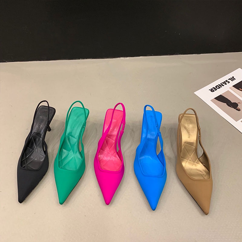 Xăng Đan Cao Gót Mũi Nhọn Vải satin Màu Đen Thời Trang Xuân Hè 2023 Cao Cấp