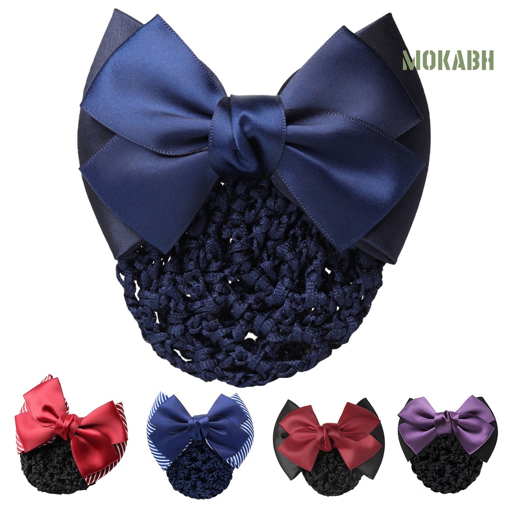 [Mok Abh] Mũ Lưới Thắt Nơ Họa Tiết Sọc Màu Sắc Tương Phản Chống Trượt Trang Trí Tóc Dành Cho Y Tá