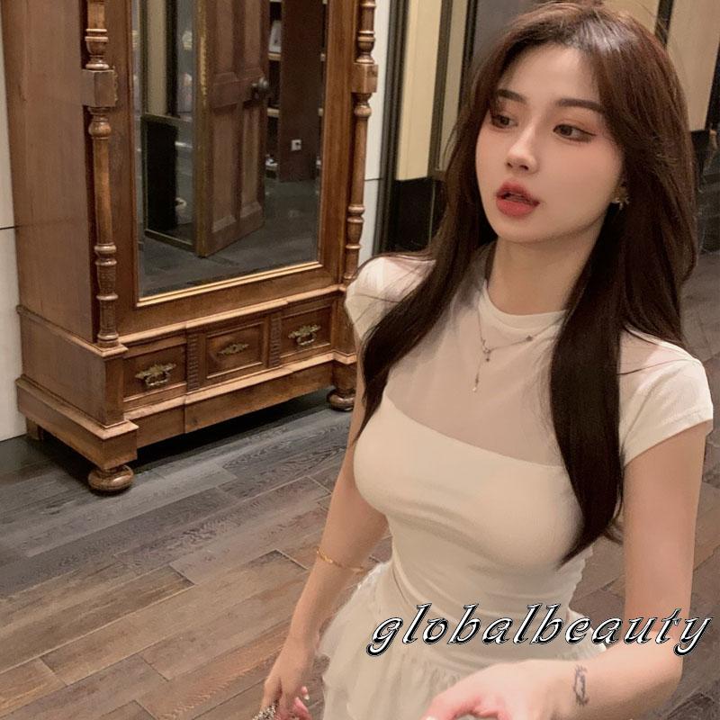 Áo Thun Crop Top Tay Ngắn Phối Lưới Mỏng Thời Trang Mùa Hè Cho Nữ