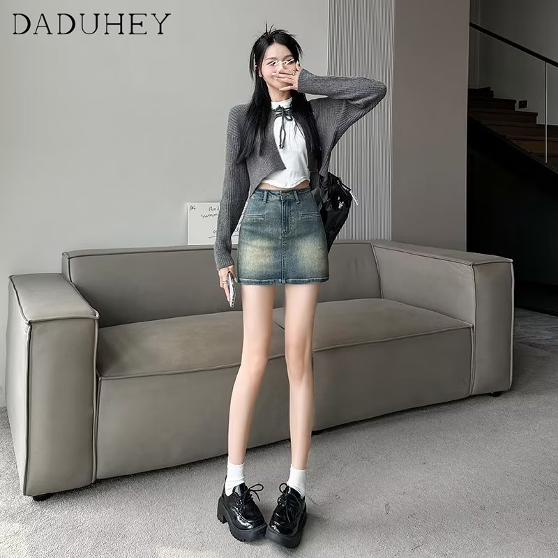 Chân váy chữ A DADUHEY vải denim lưng cao phối màu vàng đất phong cách đường phố Hàn Quốc cổ điển