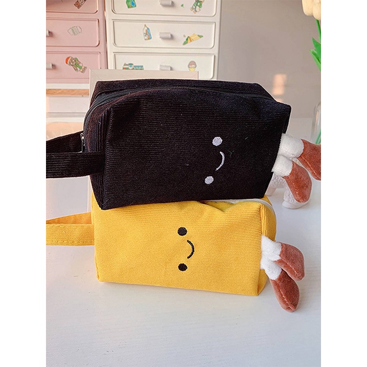 Túi Đựng Bút Bằng Nhung Kẻ Hình Mặt Cười Dễ Thương Phong Cách Hàn Quốc Ốp