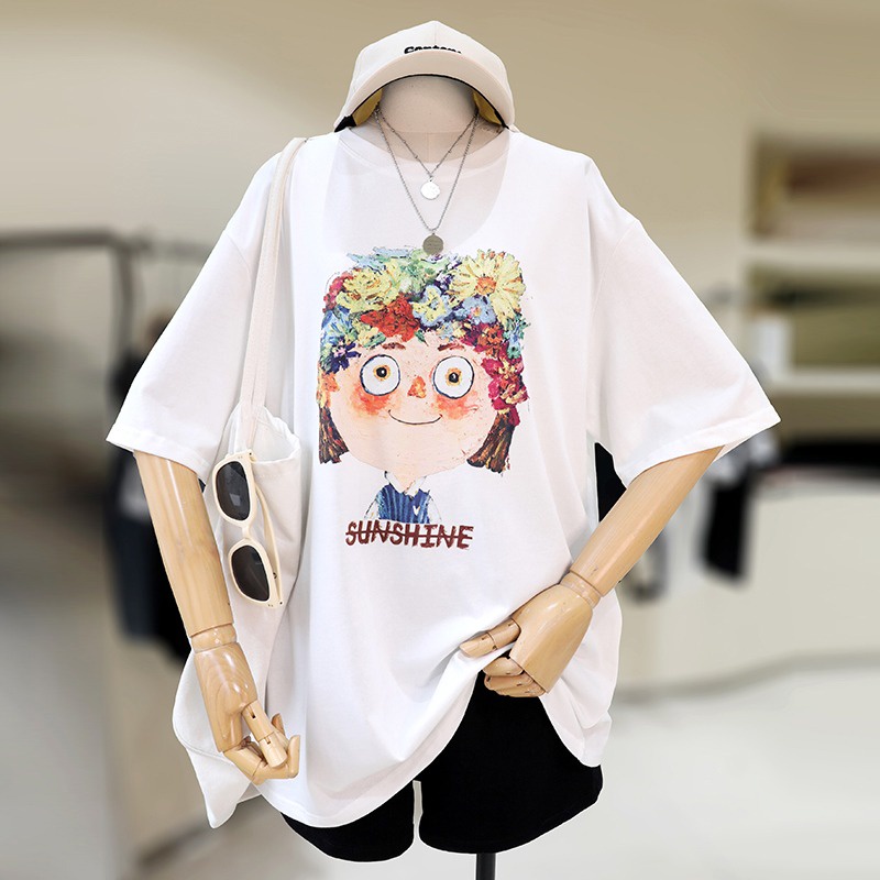 Áo Thun 100% Cotton Tay Ngắn Cổ Tròn In Họa Tiết Phong Cách Hàn Quốc Cho Nữ