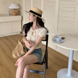 Suxi Spice Girl Slim Fit Dệt Kim Áo Thun Nữ Tay Ngắn Mùa Hè Mỏng Buộc Dây Crop Tops