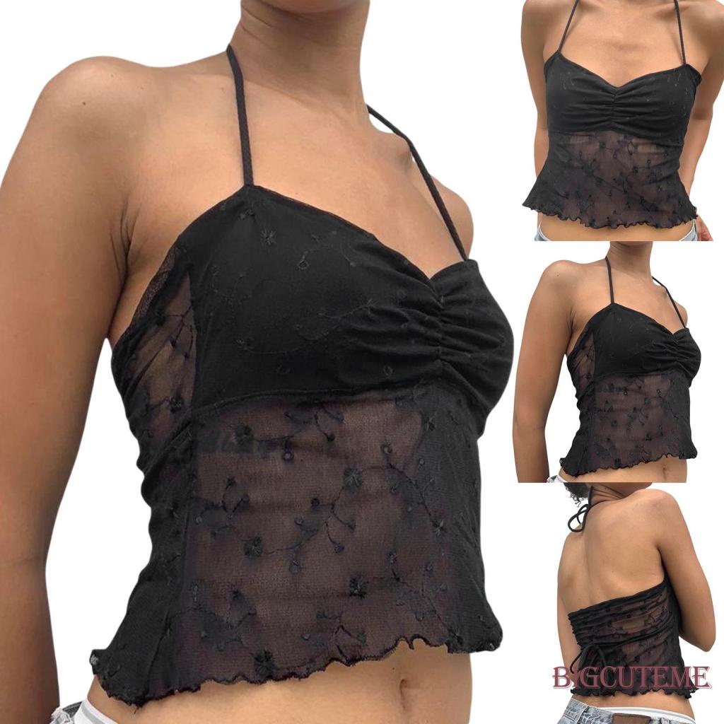 Áo Hai Dây Phối Ren Xuyên Thấu Màu Đen Thời Trang Mùa Hè Cho Nữ