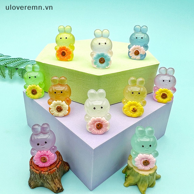 Set 2 Tượng Thỏ Hoạt Hình Bằng Nhựa Resin Phát Sáng Dễ Thương Trang Trí