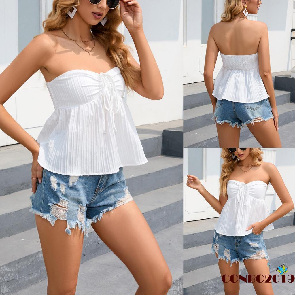 Hgm Áo Croptop Trễ Vai Không Dây Rút Co Giãn Màu Trơn Mùa Hè Cho Nữ Mặc Đi Câu Lạc Bộ Đường Phố