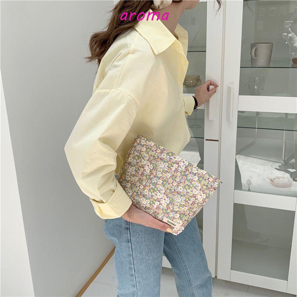 Túi Đựng Mỹ Phẩm Vải Cotton Họa Tiết Hoa Có Khóa Kéo Phong Cách Vintage Thanh Lịch Cho Nữ