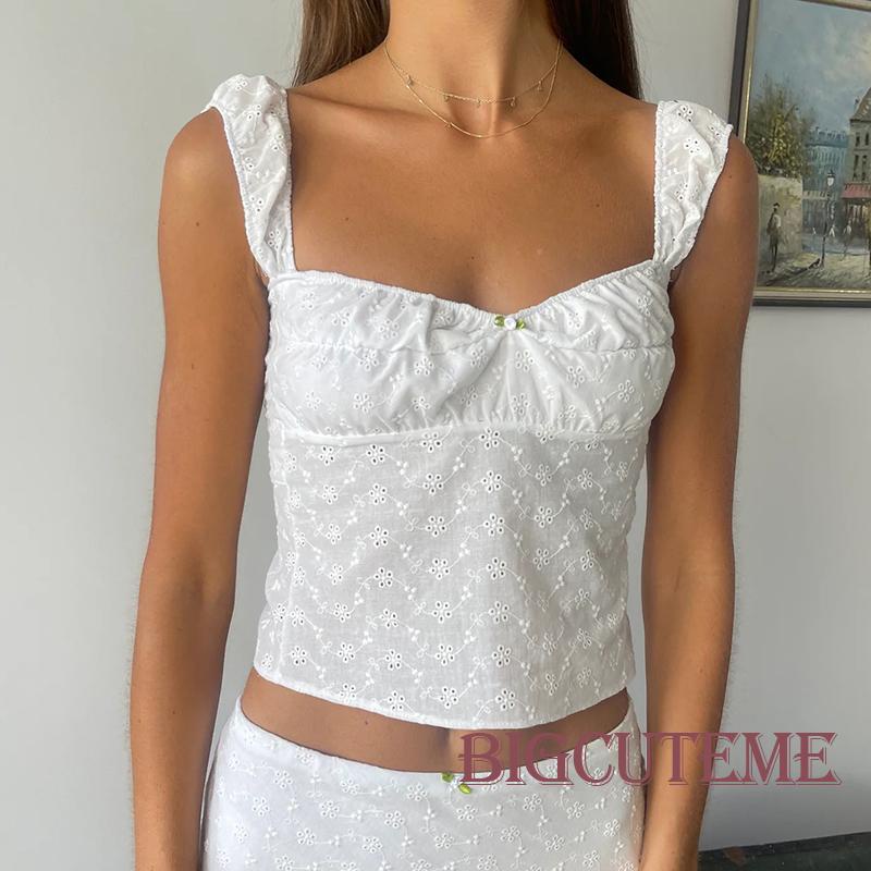 [] - Áo Crop Top Hai Dây Không Tay Hở Lưng Dáng Ôm In Hoa Màu Trắng Mùa Hè Cho Nữ