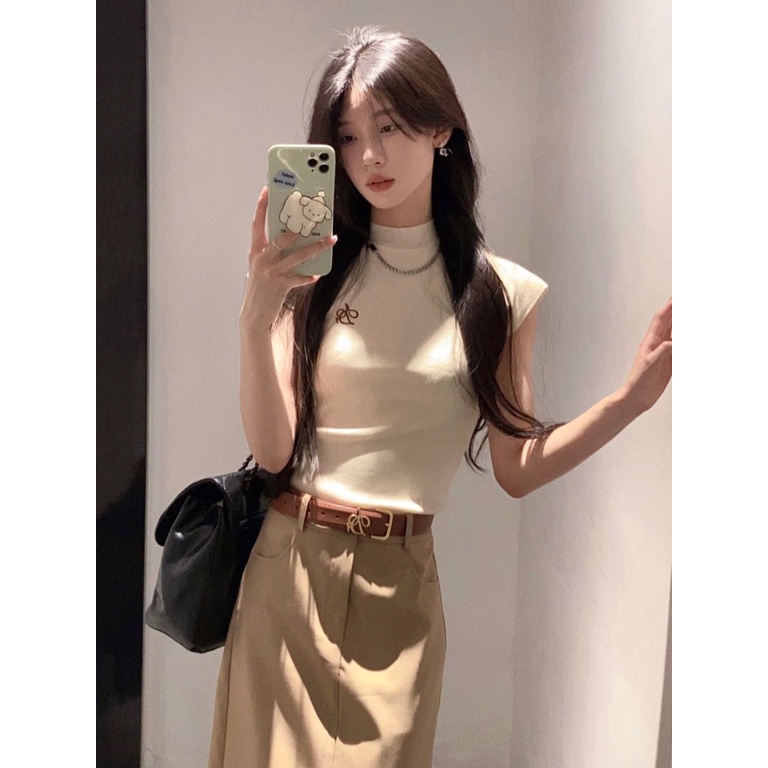 [F &amp; X] Chân Váy Midi Dệt Kim Lưng Cao Vừa Vặn Tay Ngắn Cổ Cao Ôm Dáng Phong Cách Hong Kong Độc Đáo Mùa Hè Cho Nữ