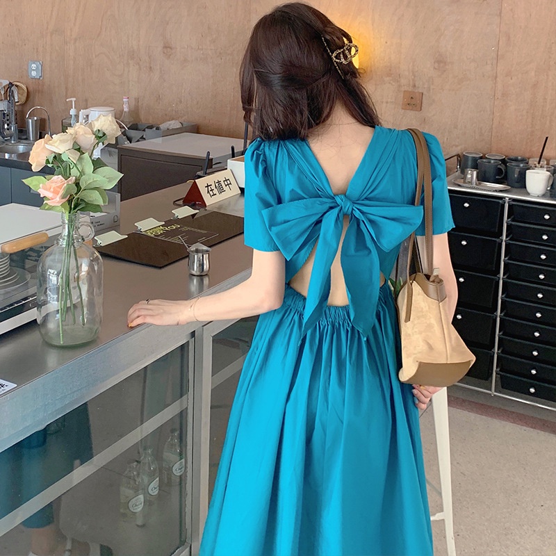 Đầm Tay Phồng Hở Lưng Màu Trơn Phong Cách Hàn Quốc Thời Trang Cho Nữ