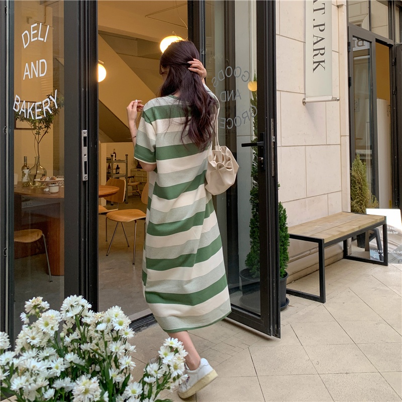 SUXI Đầm Midi Tay Ngắn Cổ Tròn Dáng Rộng Họa Tiết Kẻ Sọc Thời Trang Mùa Hè Xinh Xắn Cho Nữ