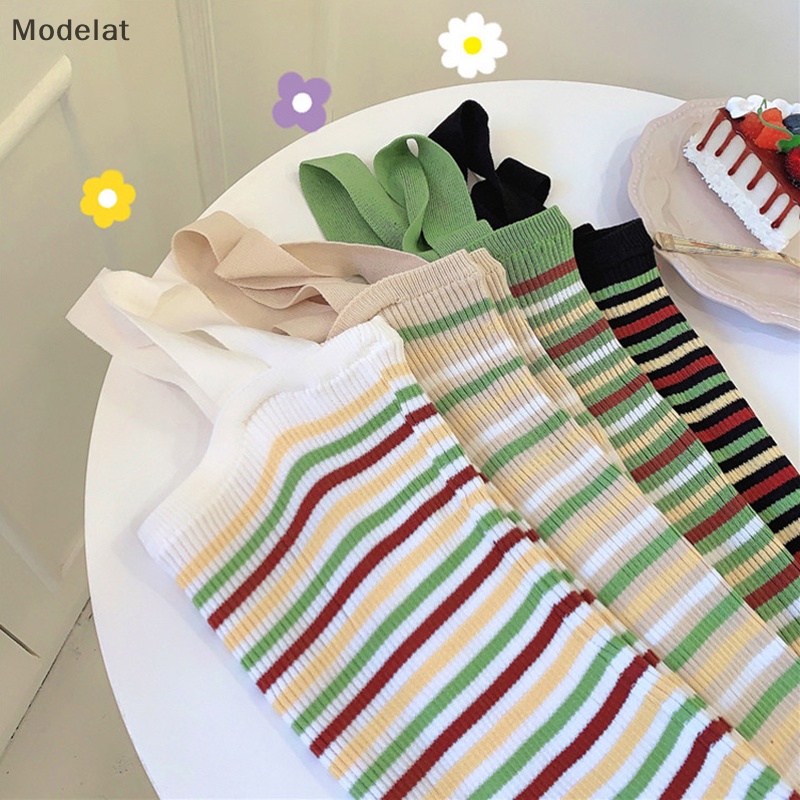 Áo Dệt Kim Hai Dây Dáng Ôm In Họa Tiết Kẻ Sọc Phong Cách Vintage Thời Trang Mùa Hè Dành Cho Nữ