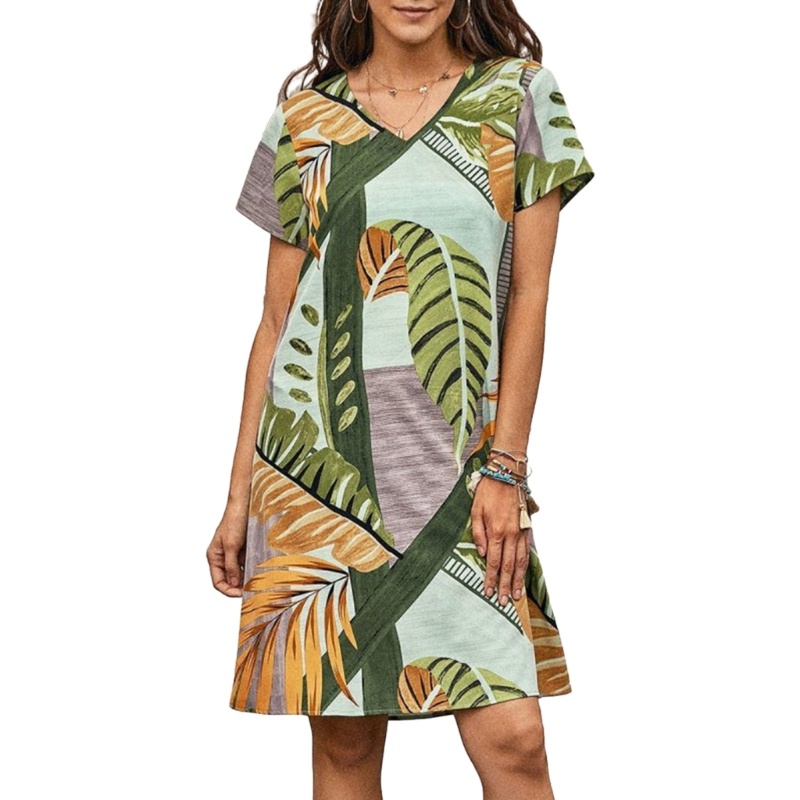 Đầm Thun Ngắn Tay Dáng Xòe In Họa Tiết Hoa Phong Cách Boho Thời Trang Mùa Hè Cho Nữ