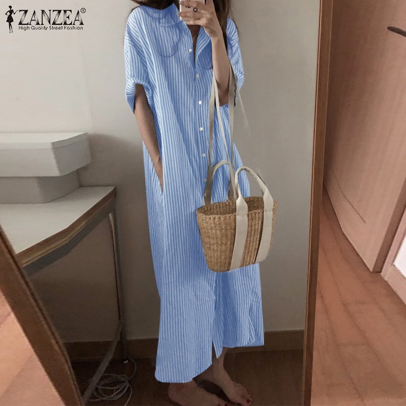 ZANZEA Đầm Sơ Mi Tay Lửng Cổ Chữ V Họa Tiết Kẻ Sọc Thời Trang Phong Cách Hàn Quốc Cho Nữ