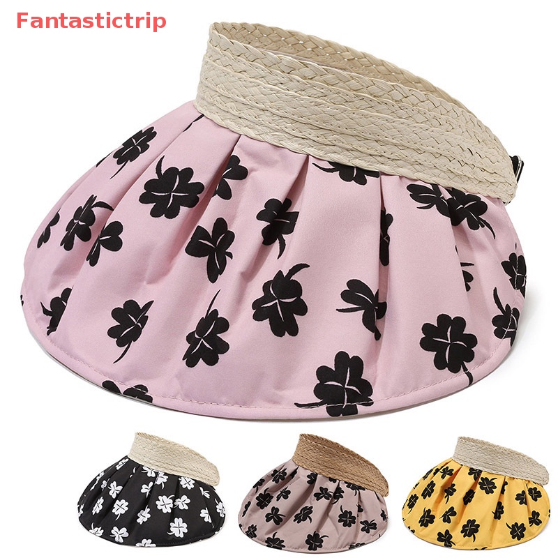 [Fantastictrip] Mũ Đi Biển Hở Chóp Hình Cỏ Bốn Lá Băng Keo Trắng Có Thể Điều Chỉnh Kích Cỡ Mới Cho Nữ