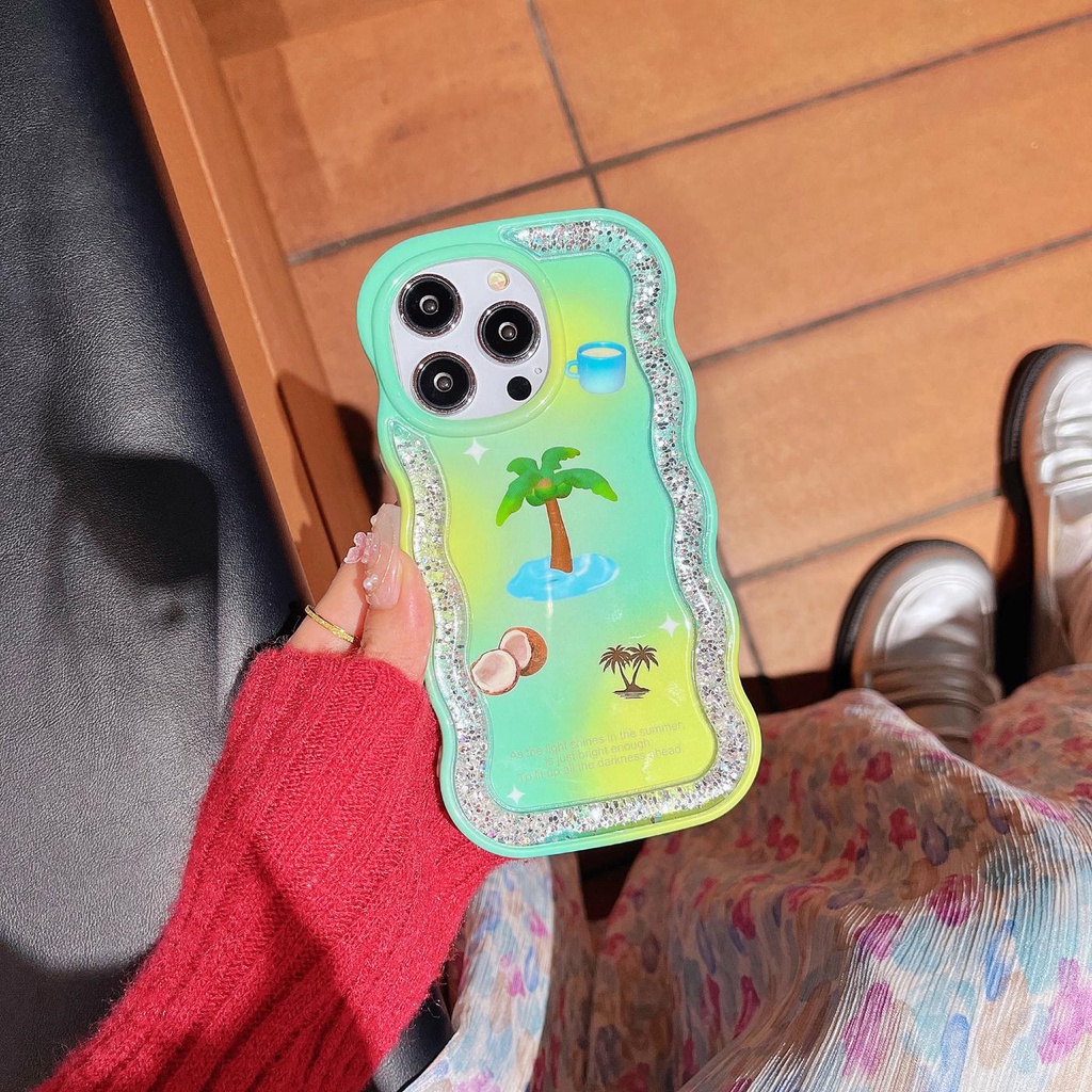 Ốp Điện Thoại TPU Dẻo Họa Tiết Cây Dừa Có Nước Kim Tuyến Lấp Lánh Chống Sốc Cho iPhone 12 13 14 Pro Max