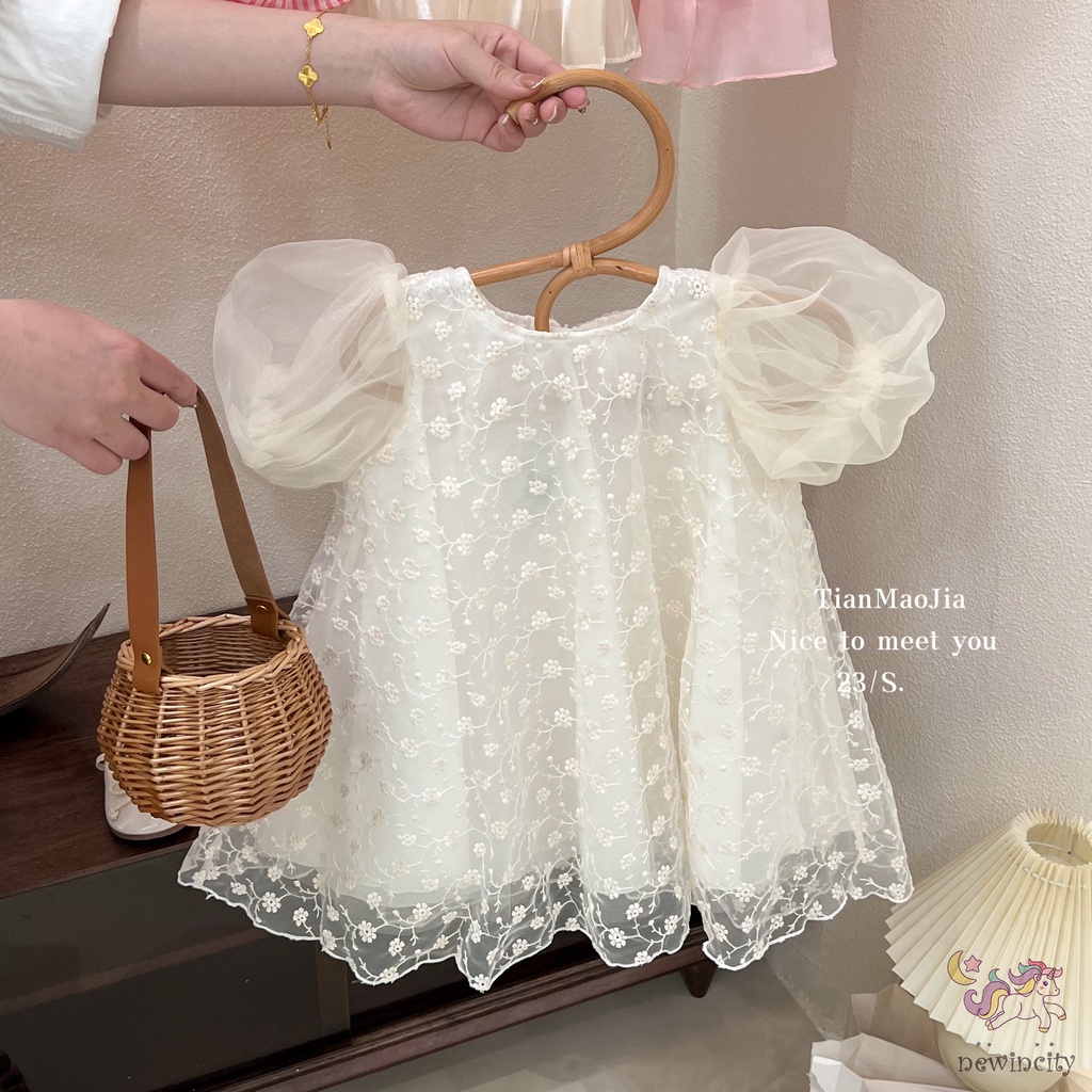 Đầm Công Chúa Tay Phồng Thêu Họa Tiết Thời Trang Mùa Hè Hàn Quốc Cho Bé Gái