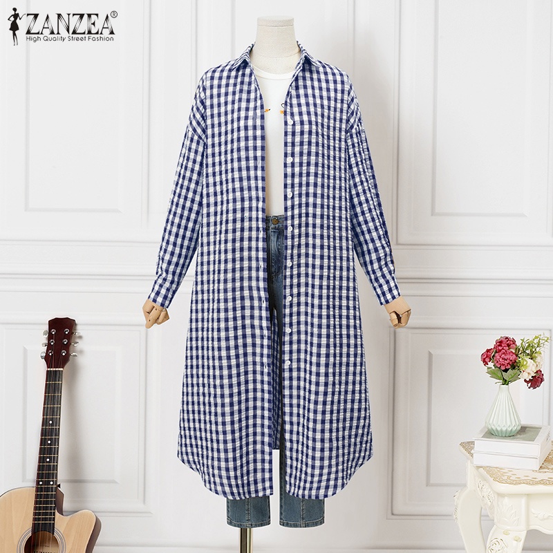 ZANZEA Áo Sơ Mi Dài Tay Họa Tiết Ca Rô Thời Trang Dành Cho Nữ