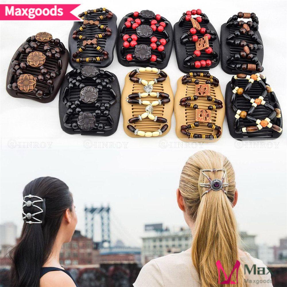 Lược Cài Tóc Xỏ Hạt Gỗ Hình Hoa &amp; Bướm Co Giãn Cho Nữ