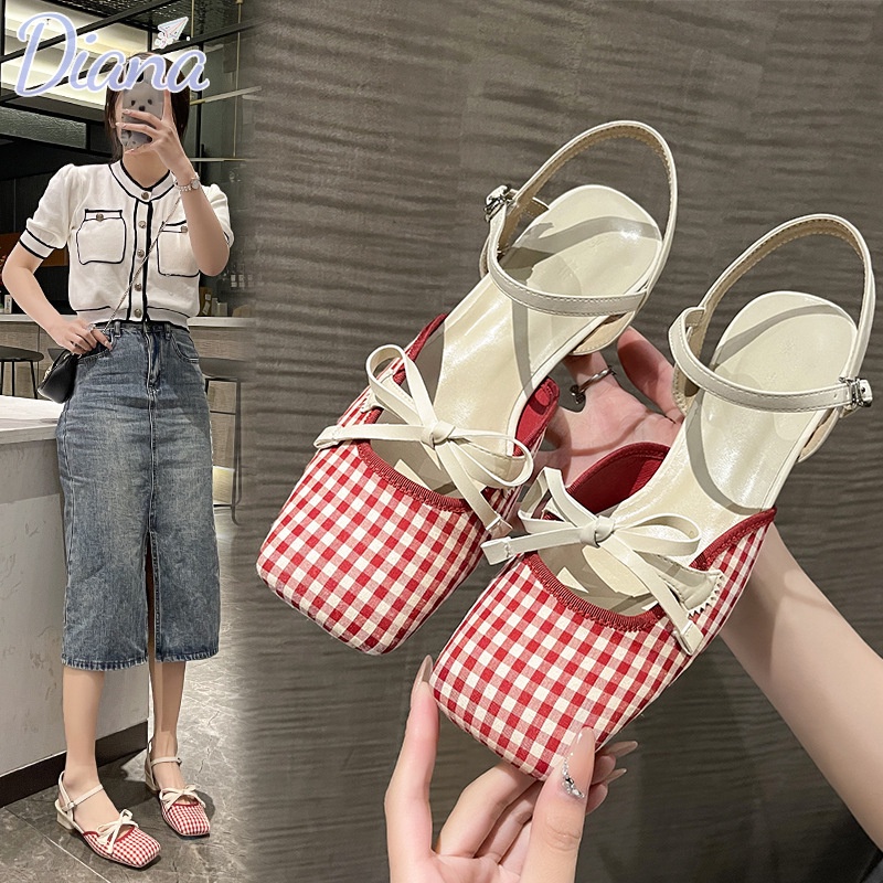 Xăng đan Cao Gót Họa Tiết Sọc Caro Phong Cách retro Pháp