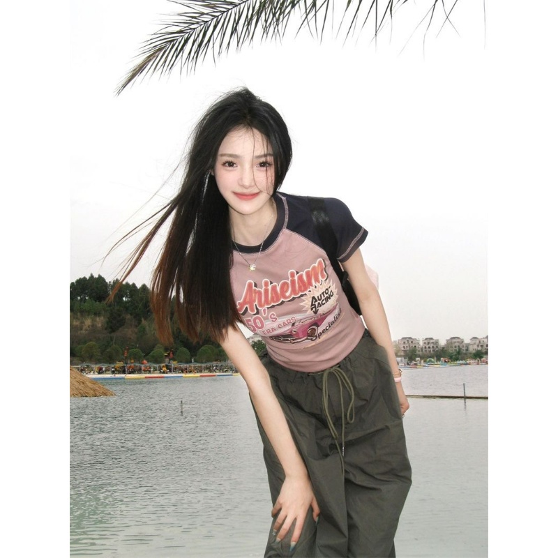 Áo Thun Raglan Tay Ngắn Dáng Ôm Phong Cách Thời Trang Retro Mỹ