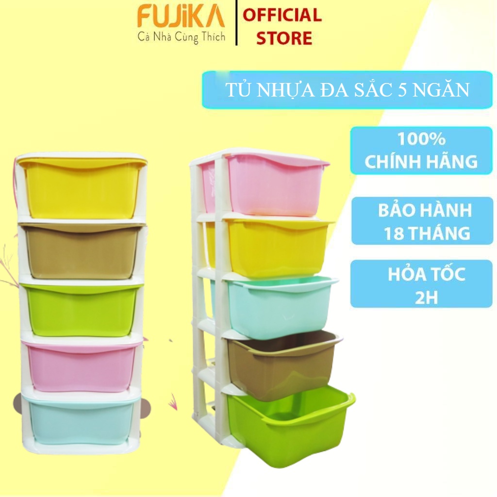Tủ nhựa đa sắc, tủ 5 tầng đựng quần áo, tủ đựng đồ chơi, tủ có ngăn kéo, tủ đa năng có bánh xe tiệng dụng FUJIKA