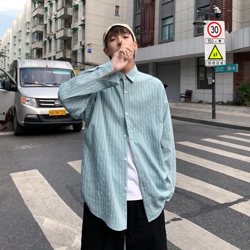 Áo Sơ Mi Nam Dài Tay Dáng Rộng Họa Tiết Kẻ Sọc Phong Cách Hong Kong Nhật Bản Thời Trang Mùa Hè