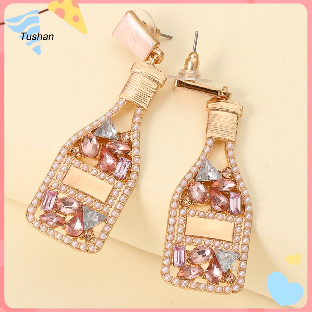 1 Đôi Bông Tai Hình Chai Rượu Đính Đá Ngọc Trai Nhân Tạo Chống Rơi Thời Trang