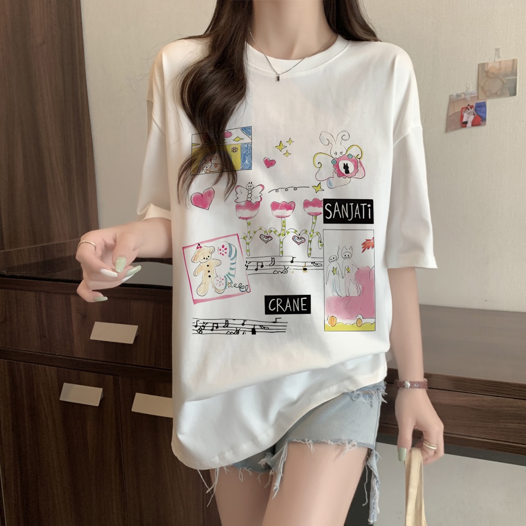 Áo Thun Tay Ngắn Dáng Rộng In Họa Tiết Thời Trang Mùa Hè Phong Cách Hàn Quốc Mới Cho Nữ