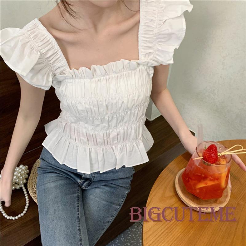 Áo Croptop Cổ Vuông Tay Bay Màu Sắc Trơn Thời Trang Mùa Hè Dành Cho Nữ
