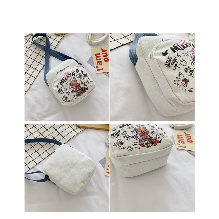 Túi Đeo Chéo Canvas In Hình Gấu Dễ Thương Cho Nữ