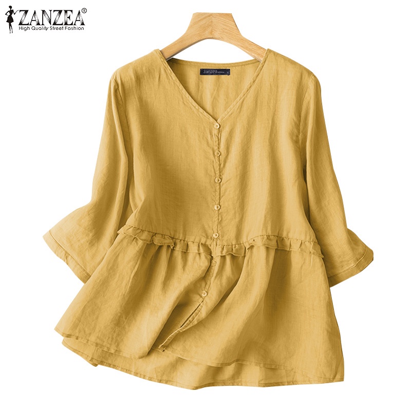 ZANZEA Áo Sơ Mi Nữ Tay Lửng Cổ Chữ V Màu Trơn Phong Cách Hàn Quốc