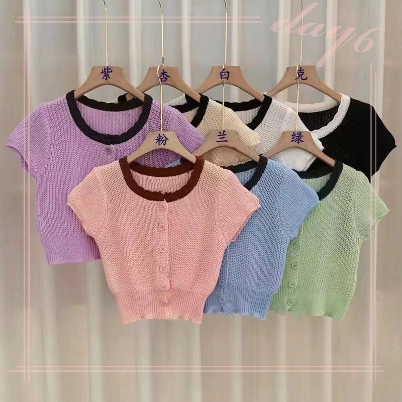 Áo Croptop Dệt Kim Tay Ngắn Cổ Tròn Màu Sắc Tương Phản Ngọt Ngào Thời Trang Cho Nữ