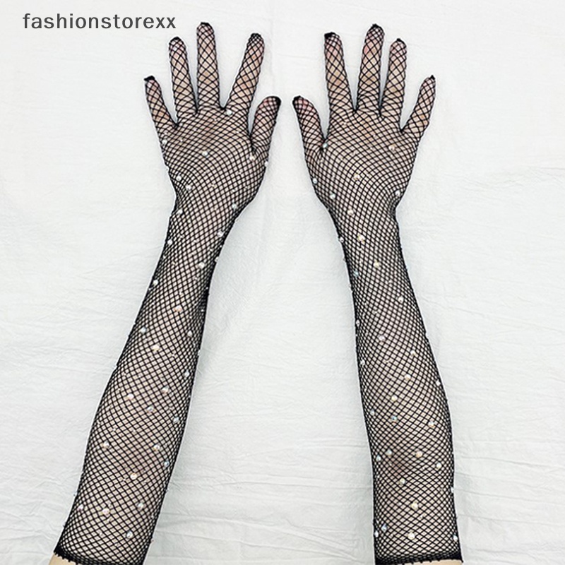 Găng Tay Lưới Dài Hở Ngón Đính Đá Hóa Trang Màu Đen / Đỏ / Trắng