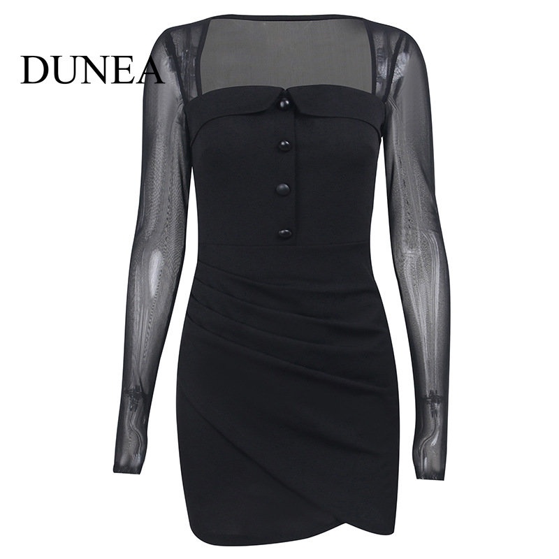 DUNEA Đầm Tay Dài Phối Lưới Thiết Kế Ôm Sát Quyến Rũ