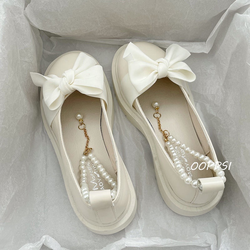 Giày Búp Bê Da Đế Dày Đính Nơ Ngọc Trai Phong Cách Lolita