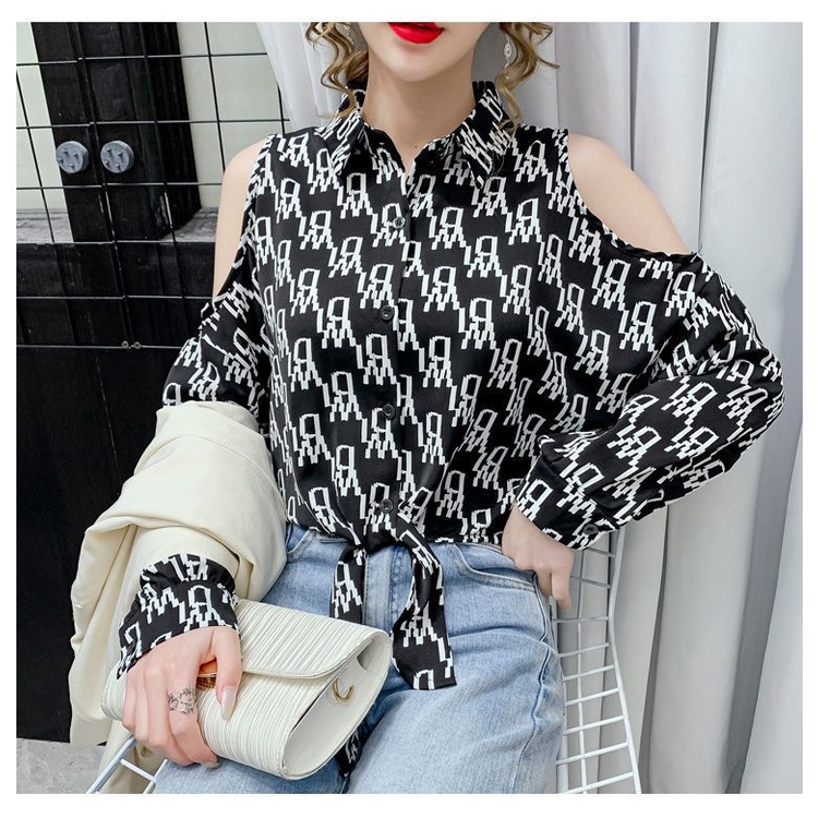 M &amp; E Áo Sơ Mi Chống Nắng Tay Dài Hở Vai In Chữ Phong Cách Châu Âu Thời Trang Xuân Hè 2021 Mới Dành Cho Bạn Nữ