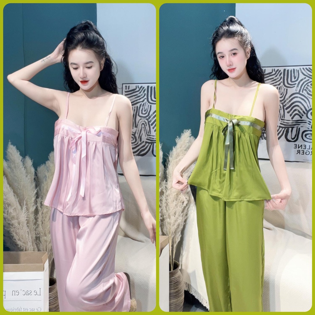 Đồ bộ lụa áo 2 dây kết hợp nơ ruy băng, mát mẻ