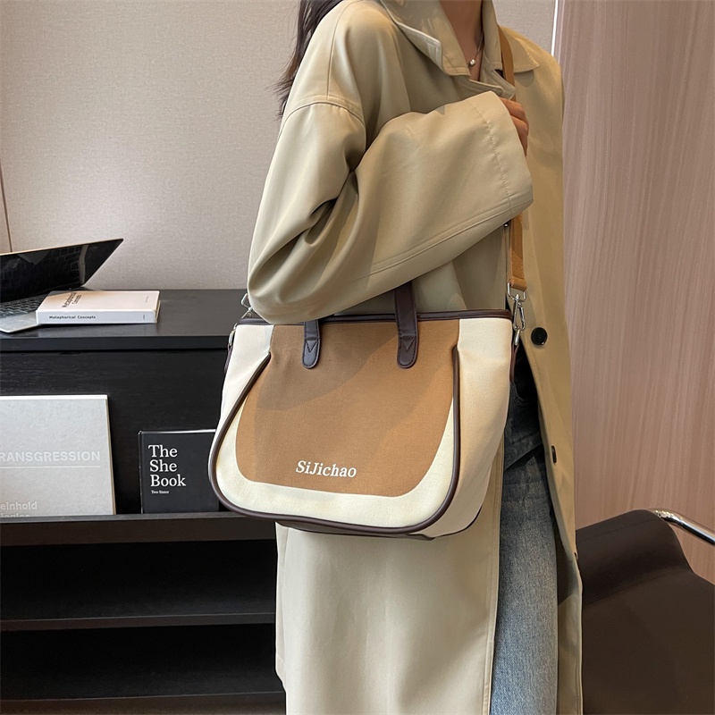 Túi tote Hình Vuông Bằng Vải Bạt Màu Tương Phản Thời Trang Hàn Quốc Cho Nữ