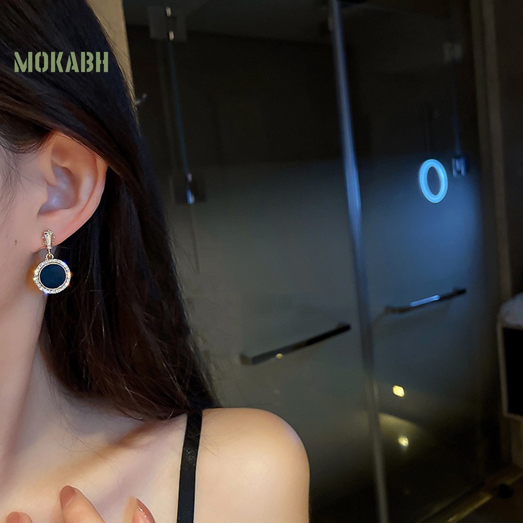 1 Đôi Bông Tai Hình Tròn Màu Đen Dát Đá Sang Trọng