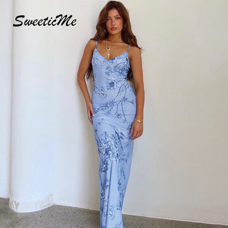 Đầm Dài Không Tay Hở Lưng Cổ Chữ V In Họa Tiết Hoa Thời Trang Mới 2023 Cho Nữ