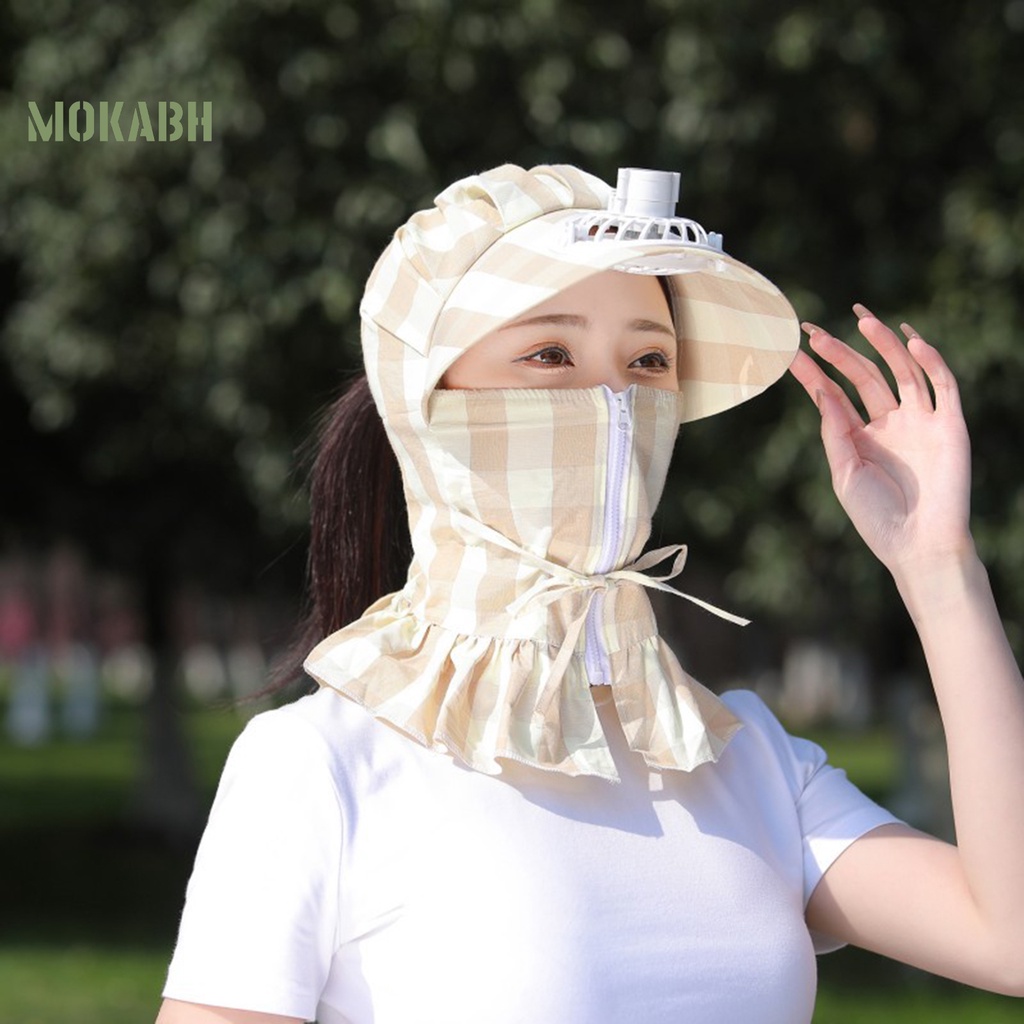 [Mok Abh] Mũ Quạt Làm Mát Vành Rộng Chống Tia UV Có Khóa Kéo In Họa Tiết Hình Học Dành Cho Nữ