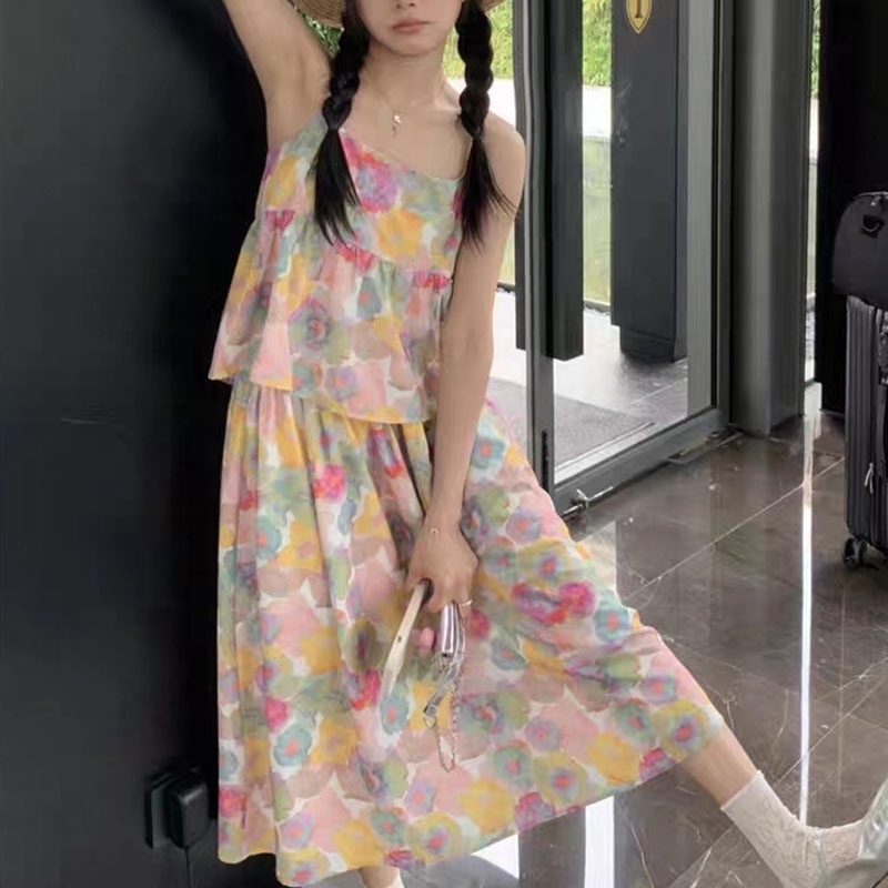 ZhuXia Set Áo Hai Dây + Chân Váy Lưng Cao Họa Tiết Tranh Sơn Dầu Thời Trang Mùa Hè Xinh Xắn Cho Nữ