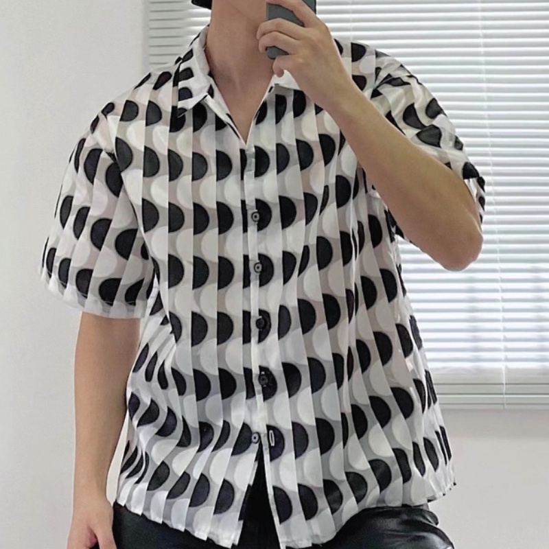 Áo Sơ Mi Ngắn Vải Jacquard Bán Trong Suốt In Họa Tiết Màu Sắc Tương Phản Thời Trang Mùa Hè Cho Nam Và Nữ