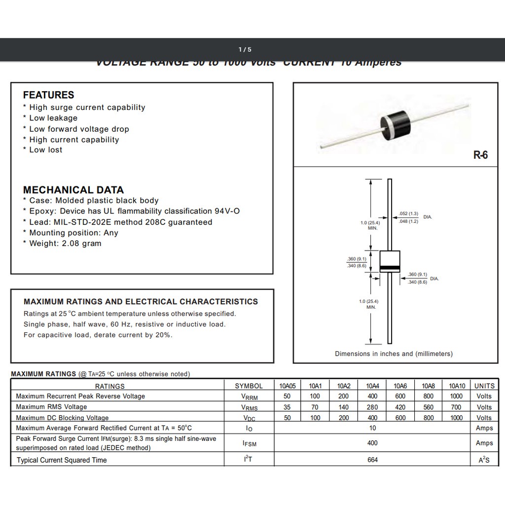 10 Chiếc Diode Chỉnh lưu 6A/ 10A/ 20A10, Hàng Mới - LOẠI ĐẸP