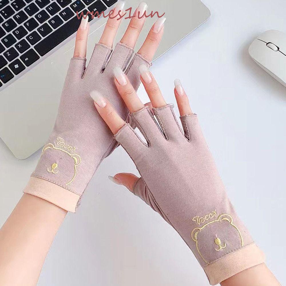 Găng Tay Chống Nắng Mùa Hè 15H Bằng Vải Cotton Phối Lưới Thoáng Khí In Chữ Dễ Thương Cho Nữ