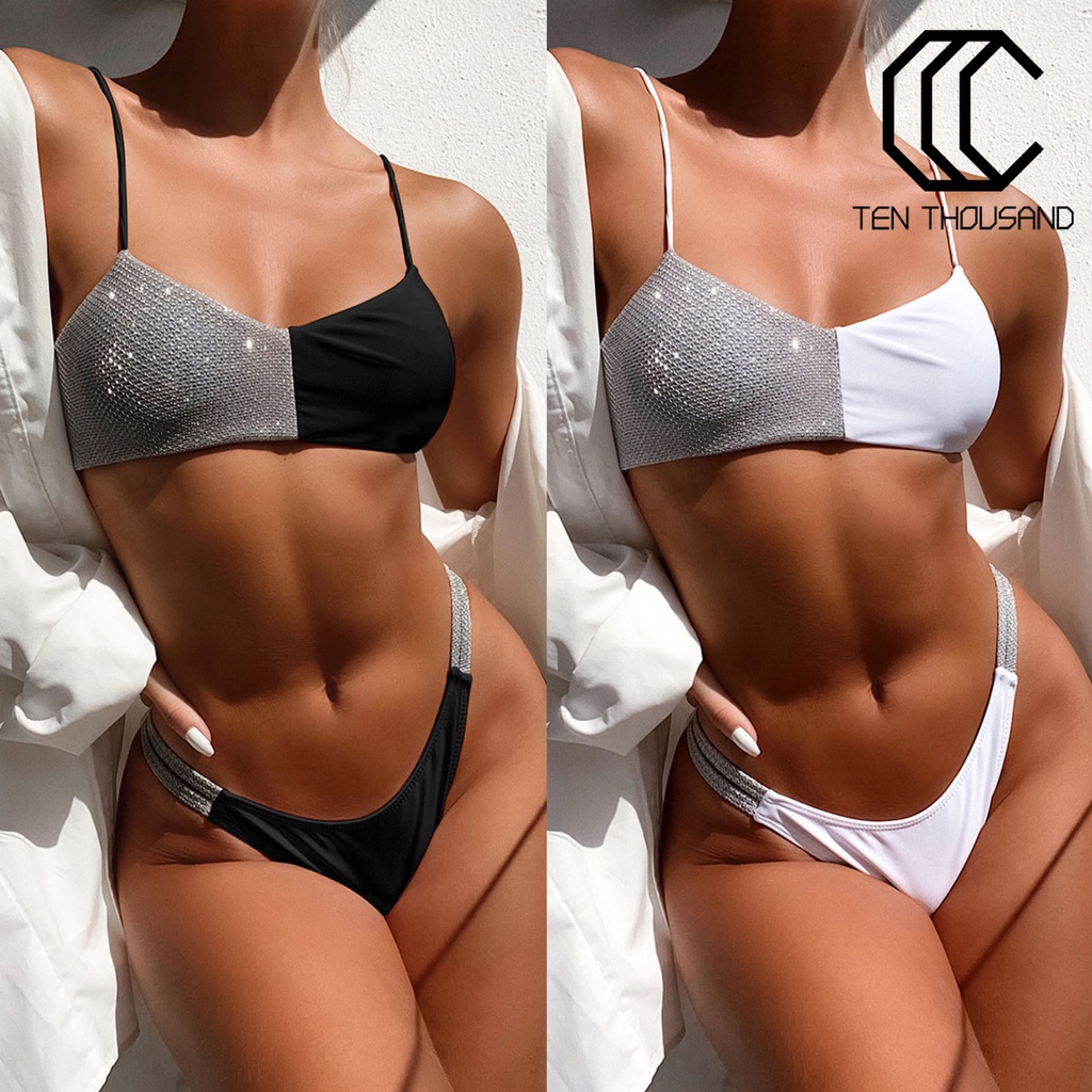 Bộ Đồ Bơi Bikini Hai Mảnh Hai Mảnh Màu Khối Sáng Bóng Hai Dây Áo Ngực Và Quần Lót Mùa Hè Dành Cho Bạn Nữ