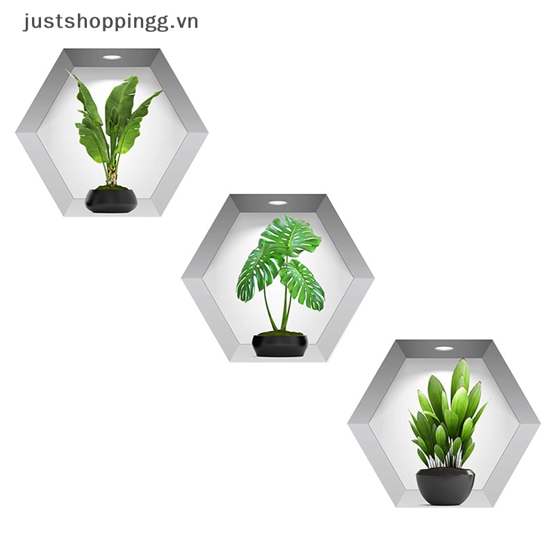 Bộ 3 Miếng Dán Tường Hình Chậu Cây 3D Trang Trí Phòng Khách